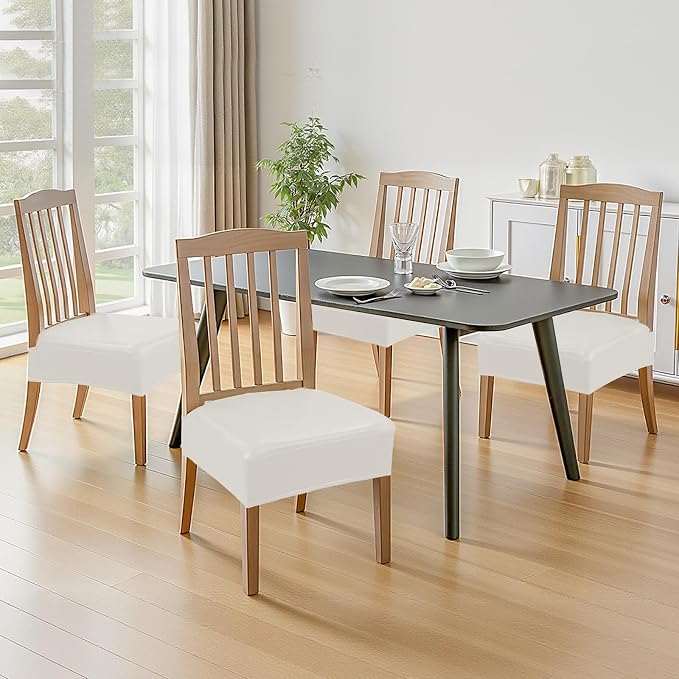 Waterproof Dining Chair Seat Covers Leather Kitchen Seat Covers, Stain Resistant Stretch Chair Seat Covers for Dining Room Chairs Set of 6, Rear Covered Washable Dining Chair Covers Cream
