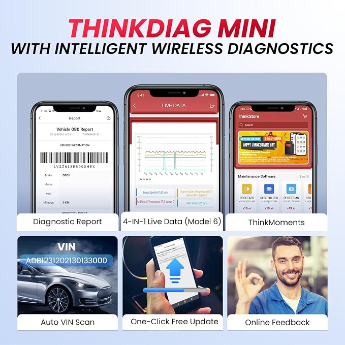 THINKCAR Thinkdiag Mini Bluetooth OBD2 Scanner Diagnostic Tool, OE Full-System Car Scanner for iOS & Android, Check Engine Light Fault Code Reader Scan Tool for Vehicles