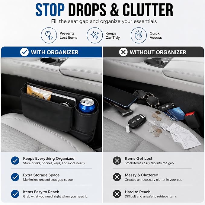 2 Pack Car Seat Gap Filler with Cup Holder – Anti-Drop Design | Universal PU Leather Seat Gap Organizer, Storage Box with Pockets & Cup Holders – Fits Most Vehicles