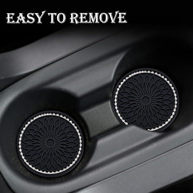 2PCS Bling Car Cup Holder Coasters, 2.75 Inch Silicone Anti-Slip Insert, Bling Shockproof Cup Mat for Women Girls, Universal Fit for Most Vehicles (Black & White)