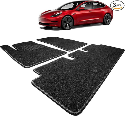 Spurtar for Tesla Model 3 Floor Mats Carpet 2026-2017, Cut Pile 3PCS | Car Floor Mats for Model 3, All Weather Protector Automotive, Front & Rear Seat Car Rug, Anti-Slip Backing, Black