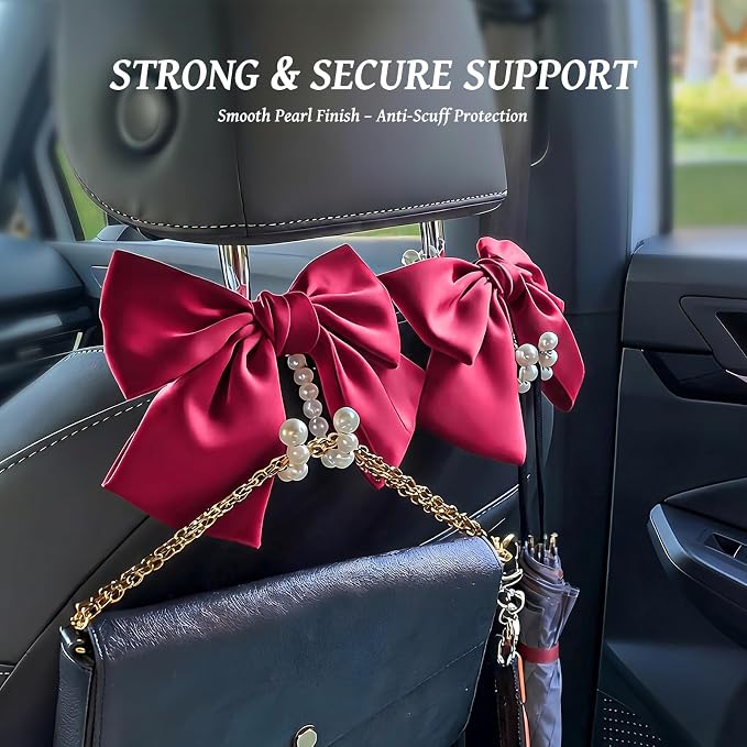 2 PCS Bow Pearl Car Seat Headrest Hook – Cute Purse Hook for Car, Girly Interior Decoration Accessories Hook Hanger, Seatback Holder for Purses & Bags, Elegant Car Organizer (Berry Fuchsia)