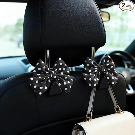 2PCS Car Seat Headrest Hooks, Car Purse Hook, Cute Bow Knot Vehicle Seatback Hanging Storage Organizer, Auto Seatback Decor Organizer Hanger for SUV Truck (Black/Polka Dot)