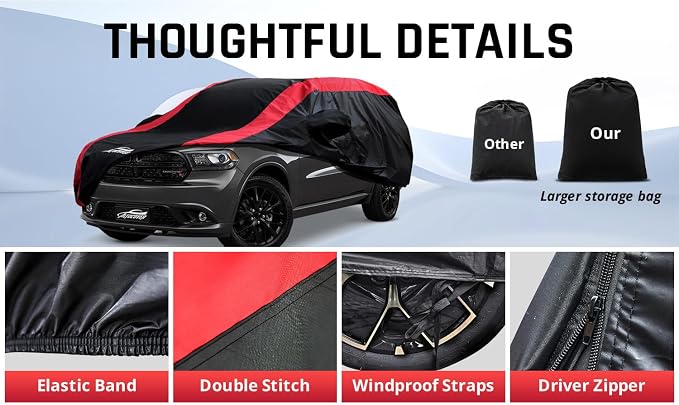 Car Cover Custom Fit Dodge Durango 2004-2025, SUV Cover Waterproof All Weather with Red Strip Design for Rain, Sun, Snow, Dust Protection
