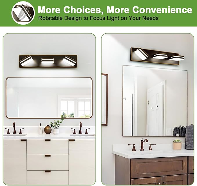 Torondo 360° Rotate LED Bathroom Vanity Light Fixtures, Acrylic Vanity Lights for Bathroom, Modern Wall Lighting Fixtures Over Mirror Living, Oil Rubbed Bronze, Natural White, 3-Light, 17-Inch