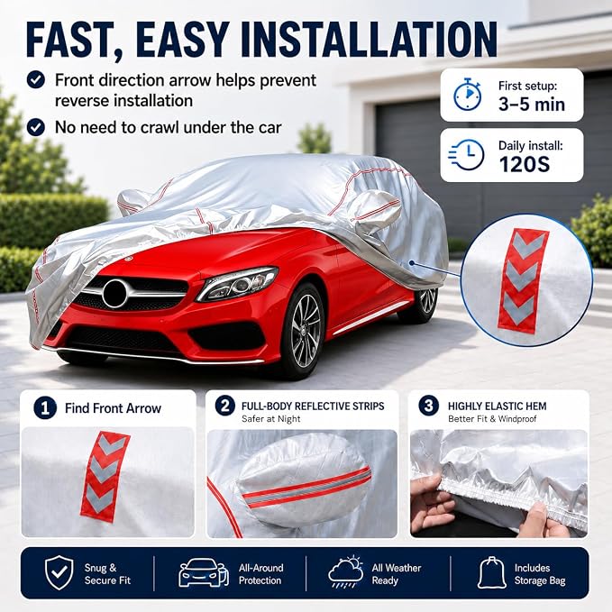 Waterproof All Weather Heavy Duty Vehicle Cover, 360° Underbody Wrap Windproof Design, Quick Install Outdoor Cover,（for Mercedes-Benz C-Class 2008-2025）