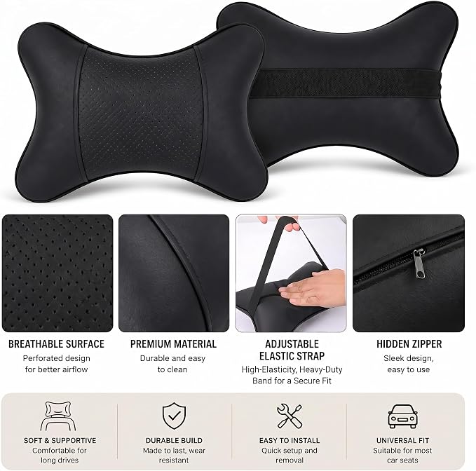 Car Pillow for Car Neck Pillow for Driving Seat Leather Neck Support Soft Cushion Support Head-Rests for Vehicle Sleeping with Elastic Adjustment Strap 2PCS (Neck, Beige)