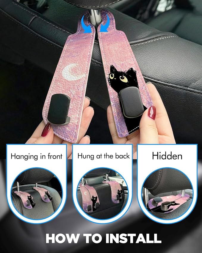 WOCOCN Purse Holder for Car, 2 Pack Heavy Duty Purse Hanger for Car, PU Leather Car Seat Hooks for Purses and Bags, Cute Pink Starry Sky Cat Headrest Organizer for Handbags & Backpacks