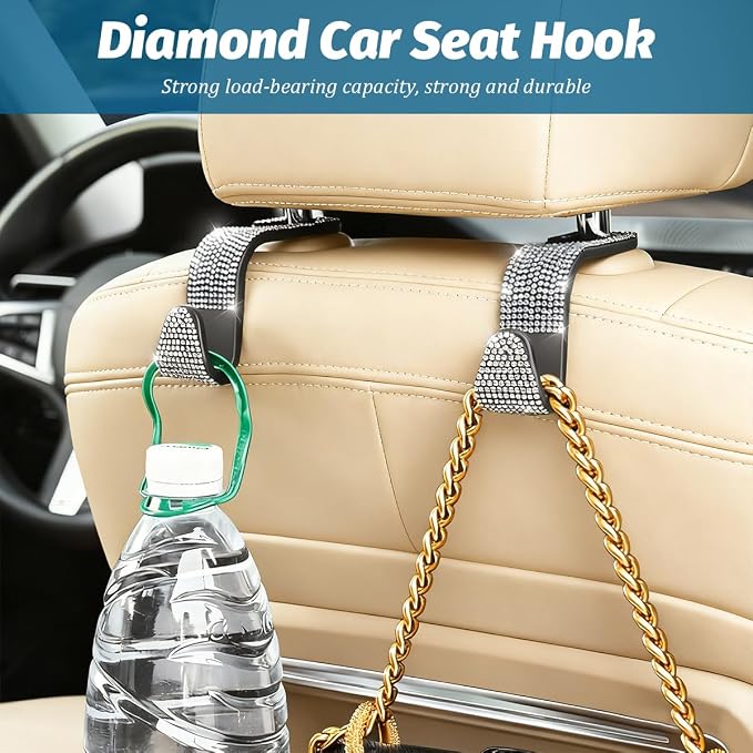 Zpana 4PCS Bling Car Seat Headrest Hooks, Vehicle Back Seat Purse Handbag Hanging Holder with Crystal Rhinestone, Diamond Storage Organizer Hook, Universal Automotive Accessories (Black/Red)