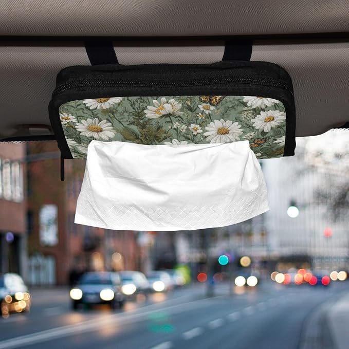Car Visor Tissue Holder Mask Holder for Car, Car Tissue Box Sun Visor Napkin Holder Car Visor Accessories Adjustable Straps Reusable Durable Easy to Install Summer Daisy Butterfly Green