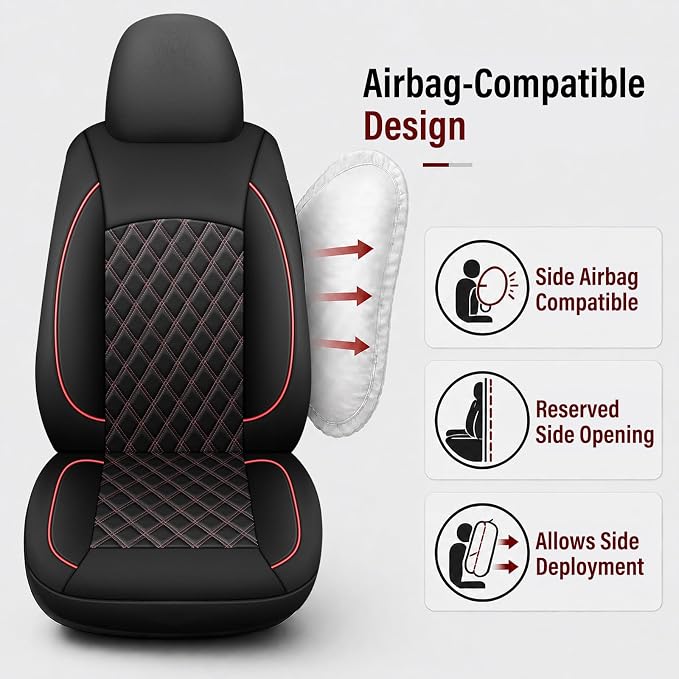 HChengkikz Car Seat Cover, Waterproof Nappa Leather (Black + Red) | Breathable, Airbag compatible, Easy to Install, Universal Fit for Most Cars, Sedans, SUVs, Vans, Trucks
