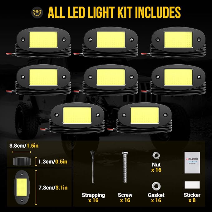 Hovano 8 Pods COB White Rock Lights, 120 COB Chips 6500K Pure White Super Bright Neon Underglow, IP68 Waterproof Shockproof Off-Road Light Kit for Pickup Trucks, SUV, UTV, ATV, RZR, Cars & Boats