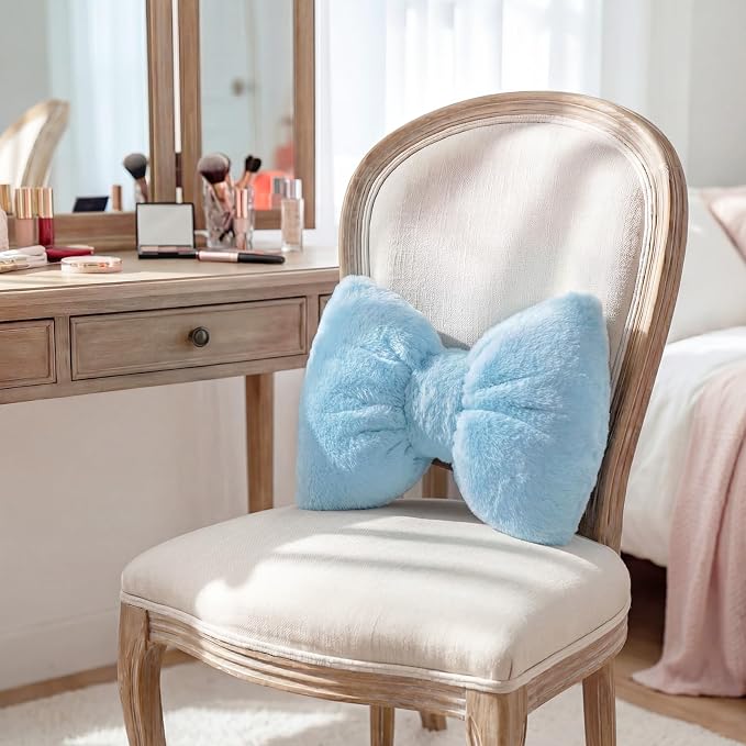Macarrie 2 Pcs Blue Car Neck Pillow Imitation Rabbit Fur Bow Pillow | Soft Comfortable Seat Headrest Support, Cute Bow Car Accessories, Driving Travel Driver Chair Girl Interior Decor, Solid