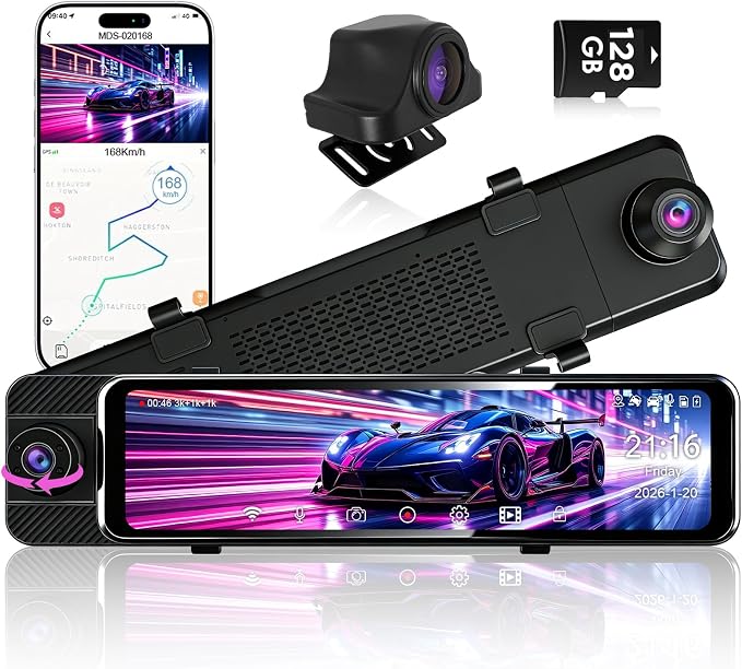 3 Channel Mirror Dash Cam with Front 3K, Cabin & Rear 1080P, 11" Rear View Mirror Camera with WiFi/Night Vision/G-Sensor/Parking Monitor/Reverse Assist /128GB, Backup Camera for Cars/Trucks