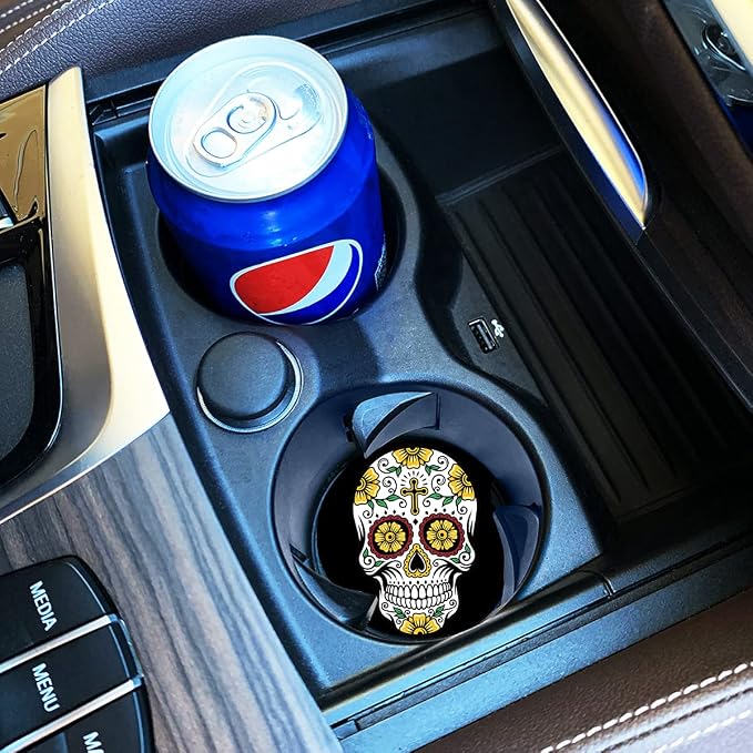 Sugar Skull Small 2.56" Absorbent Auto Coasters 2 Pack - Ceramic, Absorbs Spills, Keeps Cupholders Clean