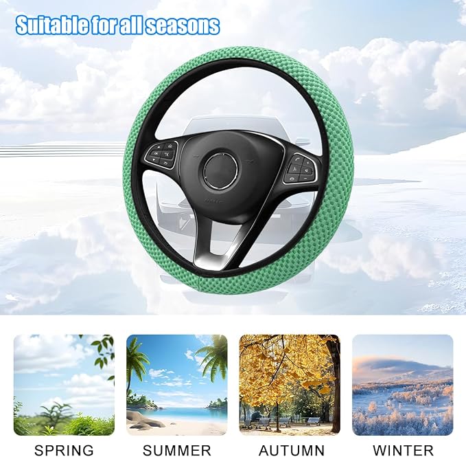 Car Elastic Stretch Steering Wheel Cover, 14.5-15" Breathable Ice Silk Anti-Slip Vehicle Steering Wheel Protector, Comfy Auto Interior Protection Accessories, Universal Fit (Green)