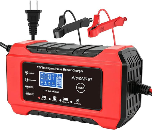 6A 12V Car Battery Charger Smart Maintainer Trickle Charger, Red | Smart Battery Desulfator, Temperature Compensation, for Car Truck Motorcycle, Lawn Mower Marine
