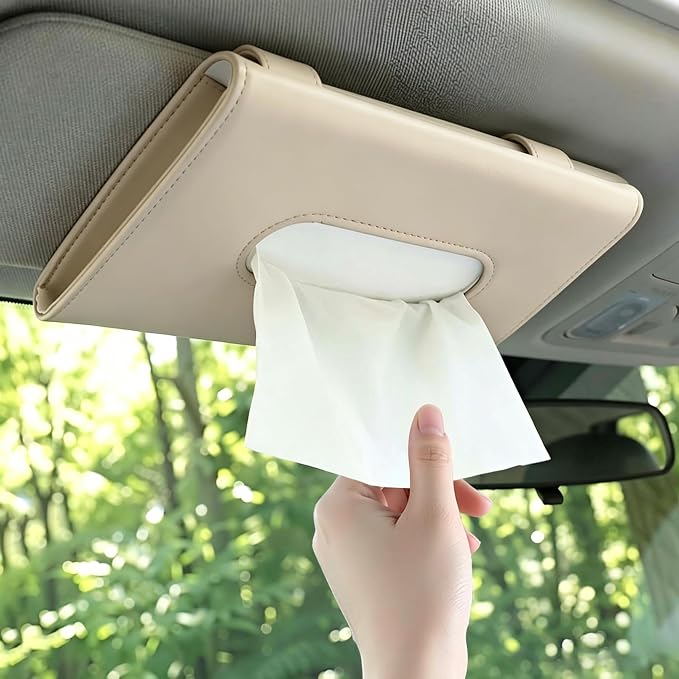 Car Tissue Holder, Car Sun Visor Napkin Box, Premium PU Leather, Auto Napkin Case, Mask Holder for Vehicle, with Tissue Refill, Interior Accessories, Beige
