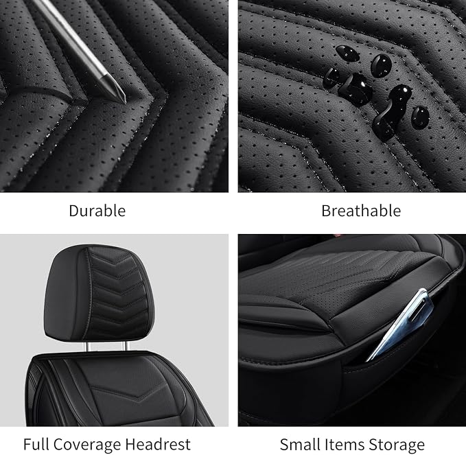 HChengkikz Nappa Leather Car Seat Covers Full Set, Black Car seat Protector 5 Seats, Waterproof Car Seat Cushion, Universal Automotive Seat Covers Fit for SUV Truck Pick-up Sedan, Front and Rear | Easy Maintenance, Airbag Compatible, Universal Fit For ...