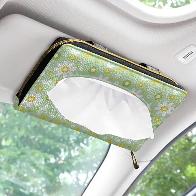 Daisy Print Napkin Holder PU Leather Car Tissue Holder Universal Car Interior Accessories for Trucks SUV Sedans Green