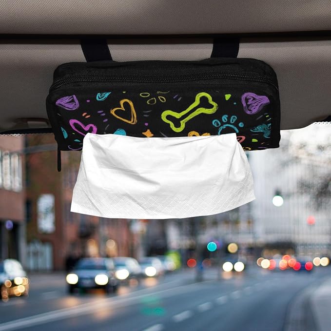 Car Visor Tissue Holder Mask Holder for Car, Car Tissue Box Sun Visor Napkin Holder Car Visor Accessories Adjustable Straps Reusable Durable Easy to Install Doodle Black Paw Print and Hearts