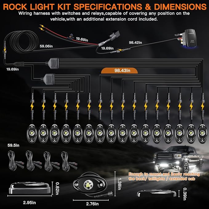 White Rock Lights,LEDMIRCY R1 LED Pure White Rock Lights 16PCS with Rocker Switch Wire Harness Kit Super Brigh Luces para Carro for Trucks ATV UTV Off Road Boat High Power Light Waterproof Shockproof