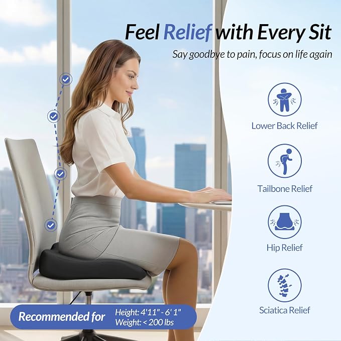 ZIKEE Ergonomic Seat Cushion with Thigh Slope for Long Sitting Comfort | Memory Foam Office Chair Cushion for Car, Home, U-Shaped Design Relieves Hip, Tailbone Pain, Sciatica Pain Relief, Non-Slip