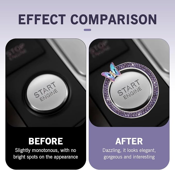 Bling Car Engine Start Stop Decoration Ring, Crystal Rhinestone Butterfly for Car Button Ring, Auto Interior Accessories for Women, Push to Start Button Cover Decoration (Purple)