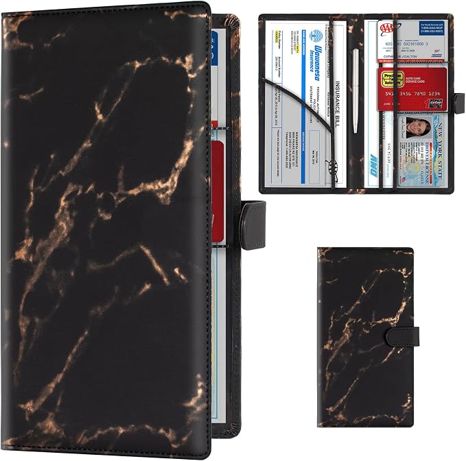 TOURSUIT Car Registration and Insurance Card Holder, Marble Black | Vehicle License Document Organizer, Glove Box Compartment, Interior Car Accessories, For Women Men