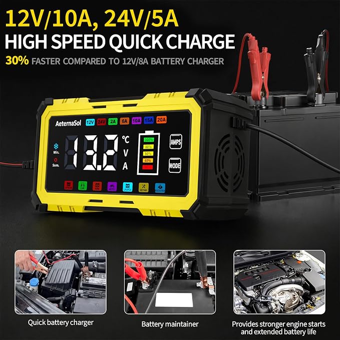 20A 12V/24V Battery Charger LiFePO4 Lead Acid Battery Maintainer,Battery Desulfator with Temperature Compensation,Smart Car Battery Trickle Charger for Car Truck Motorcycle Lawn Mower Boat