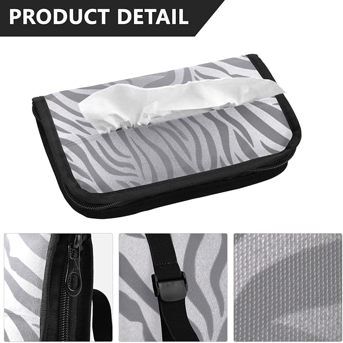 Car Tissue Holder Car Napkin Holder Car Tissue Box Dispenser Storage Case Sun Visor Mask Holder with Adjustable Straps Reusable Refillable Light Silvery Zebra Print