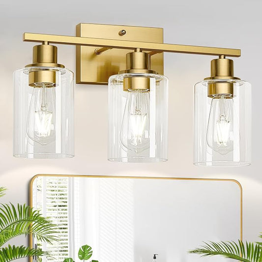 MOKATNG 3-Light Bathroom Light Fixtures, Vanity Light with Clear Glass Shades, Brushed Gold Bathroom Light Fixtures Over Mirror, Modern Bathroom Wall Lamp for Mirror Living Room Cabinet Bedroom