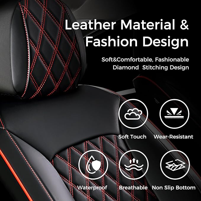 Huidasource Front Seat Covers, Full-Cover Leather Driver Seat Cover, Side Stretch Fabric, Car Interior Front Seat Cover Universal Fit for Most Cars, Most Cars,Vans,Trucks, SUVs (Front Pair/Black&Red)