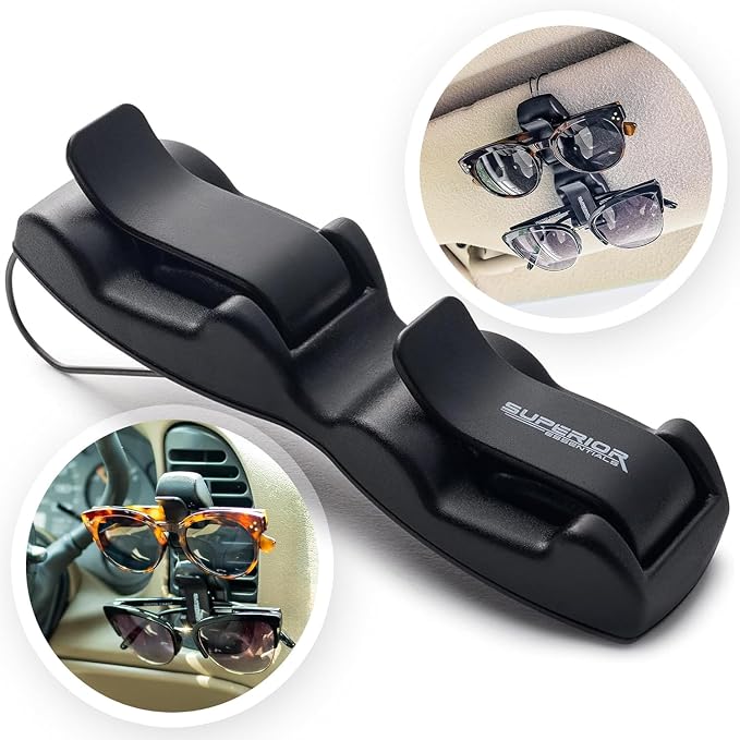 SUPERIOR ESSENTIALS Sunglass Holder for Car Visor Clip - Sun-Glasses Holder and Ticket Card Clips - Car Visor Accessories - Luxury Eyeglass Car Mount (Pack 2)