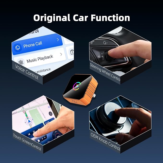 Wireless CarPlay Adapter & Android Auto Adapter, 2-in-1 Mini, Orange | Factory-wired CarPlay or Android Auto required, plug and play, auto reconnect, compact USB-A design, USB-C adapter included