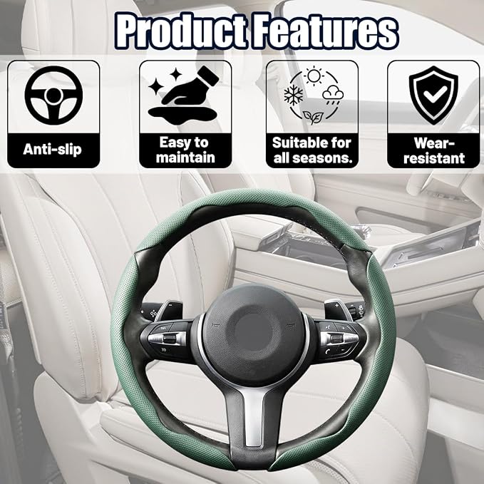 3PCS Car Steering Wheel Cover, 14.5-15" Breathable Nappa Leather Segmented Steering Wheel Protector with Non-Slip Grip, Stylish Auto Interior Decor Accessories, Universal for Vehicles (Green)