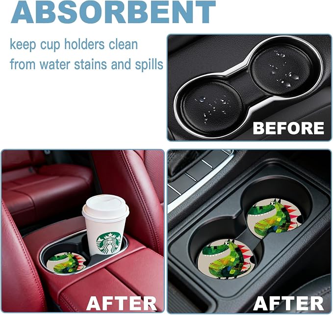 Car Cup Holder Coaster Set of 2, 2.56 in Ceramic Coasters, Scratch-Resistant Cork Backing, Finger Groove Design for Easy Placement, Cute Car Accessories Interior for Women (Green Dinosaur)