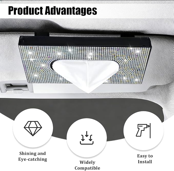 Bling Car Visor Tissue Holder, Shiny Rhinestone Leather Sun Visor Napkin Mask Case Holder Clip, Diamond AUT Paper Tissue Towel Box Dispenser, Universal Fit (Multicolor)