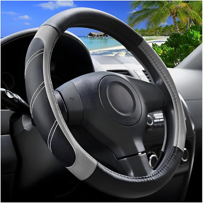 Zpana Car Steering Wheel Cover, 15 Inch Carbon Fiber Leather Non-Slip Steering Wheel Protector with Lining, Breathable Automotive Interior Accessories, Universal for SUV RV Truck (Gray)
