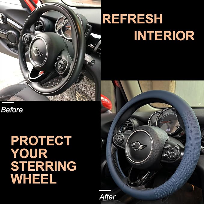PINCTROT Nappa Leather Steering Wheel Cover, Slim Fit No Bulk Design, One Piece Leather with Breathable Perforation, Fit Like Gloves, Universal 14.5-15 Inch(Nappa Smoky Blue)