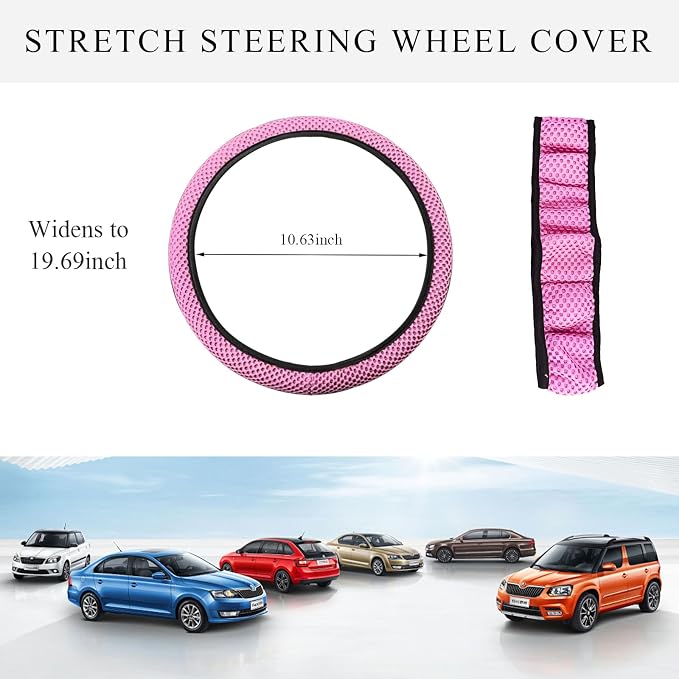 Yourkar Elastic Steering Wheel Cover, 15"×15" Comfy Breathable Stretch Steering Wheel Protector, Ice-Silk Cloth Polyester Steering Wheel Cover for Men Women, Car Accessories (Pink)