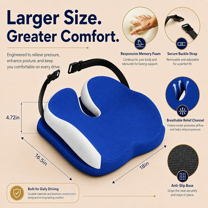 Memory Foam Seat Car Computer Desk Chair Cushion，Cushion For Tailbone Pain Relief Cushion Office Chair Butt Pillow Seat Cushions For Office Chairs Wheelchair Cushion For Long Sitting Back Pain Blue | Suitable for prolonged sitting, relieves tailbone pa...