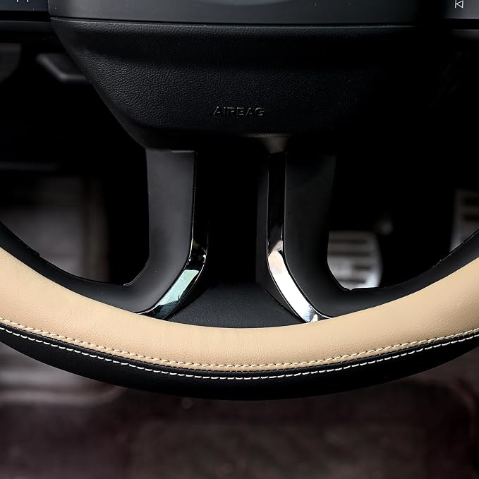 Valleycomfy Microfiber Leather Steering Wheel Cover Universal 15 inch (Beige)