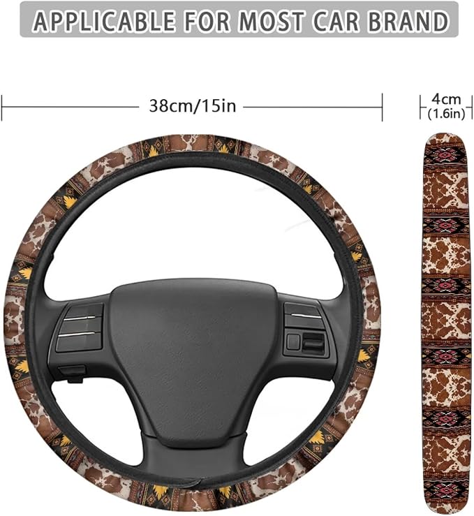 Wanyint Auto Steering Wheel Cover Universal Stretch 15 Inch Anti-Slip Neoprene Car Steering Wheel Protector for Women Men, Aztec Brown Beige Cow Print