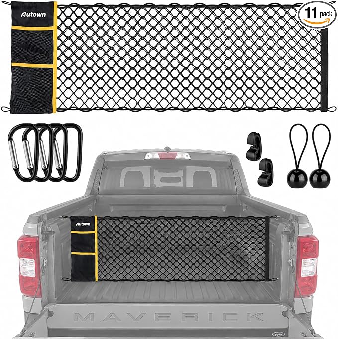 AUTOWN Truck Bed Cargo Net, Envelope Style Bed Netting for Ford Maverick 2022-2026, Pickup Truck Bed Organizer with Upgraded 5mm Bungee & Integrated Storage Bag & Bungee Balls & Carabiners