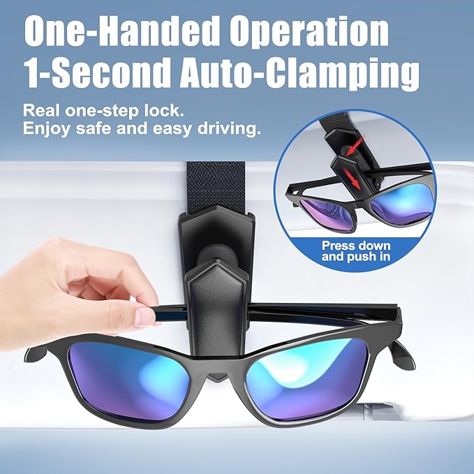 Veharvim Sunglass Holder for Car (One-Handed-Operation, Gentle & Secure Hold, Silicone Padded, Universal Fit, Metal Clip) Visor Sunglass Holder Clip,Visor Sunglass for Car (Black, 2 Pack)