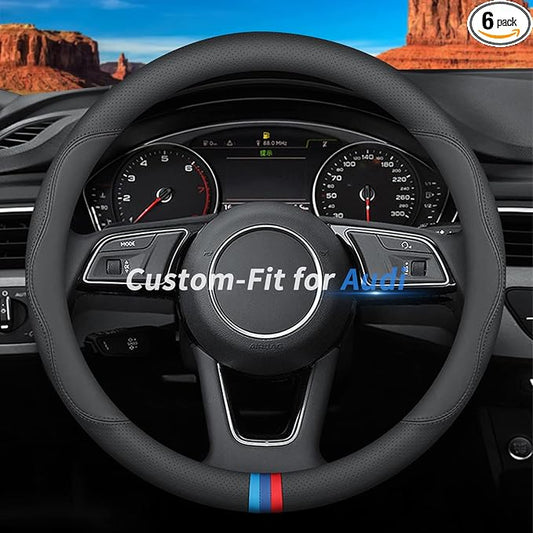 Custom-Fit for Audi Steering Wheel Cover, Premium Leather Car Steering Wheel Cover with Logo, Non-Slip, Breathable (D-Style,for Audi)