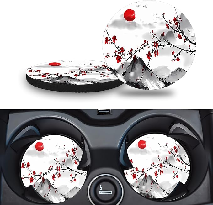 Car Cup Holder Coasters, 2 Pack – 2.75" Universal Auto Anti-Slip Insert Coaster, Rubber Car Coasters, Personalized Car Accessories for Women & Men (Watercolor Cherry)