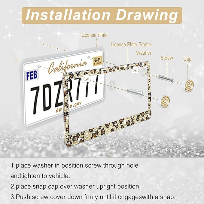 Amiss Bling License Plate Frame for Women, 2Pack Rhinestone Handcrafted Crystal Premium Stainless Steel, Stainless Steel Car Decorative Accessories with Diamond Sparkle Glitter Caps (Leopard Print)