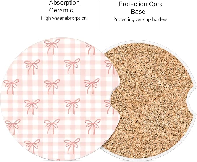 Ceramic Car Coasters – Absorbent Car Cup Holder Coaster Set for Women, Cute Aesthetic Car Accessories for Girls, 2 Pack (Salmon Pink)